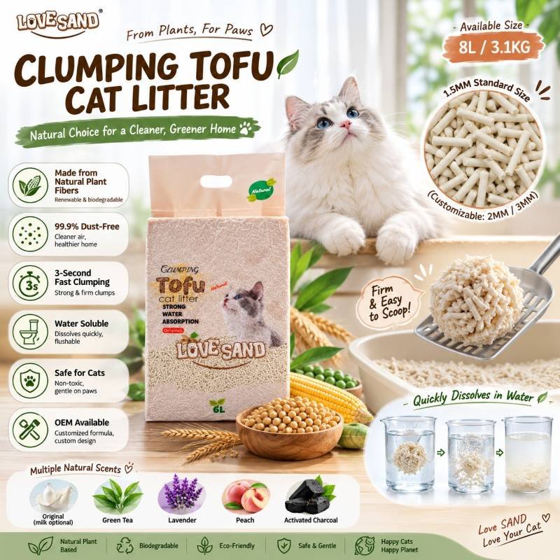 Tofu Litter, tofu kitty litter, flushable cat litter, plant based cat litter, biodegradable cat litter, tofu cat litter OEM