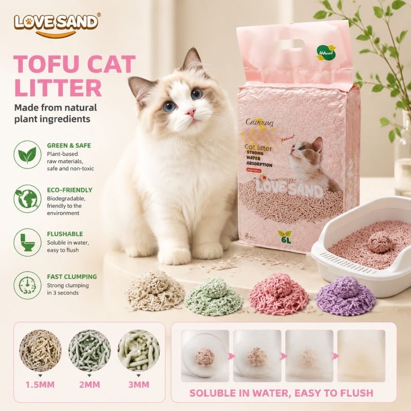 Tofu Litter, tofu kitty litter, flushable cat litter, plant based cat litter, biodegradable cat litter, tofu cat litter OEM